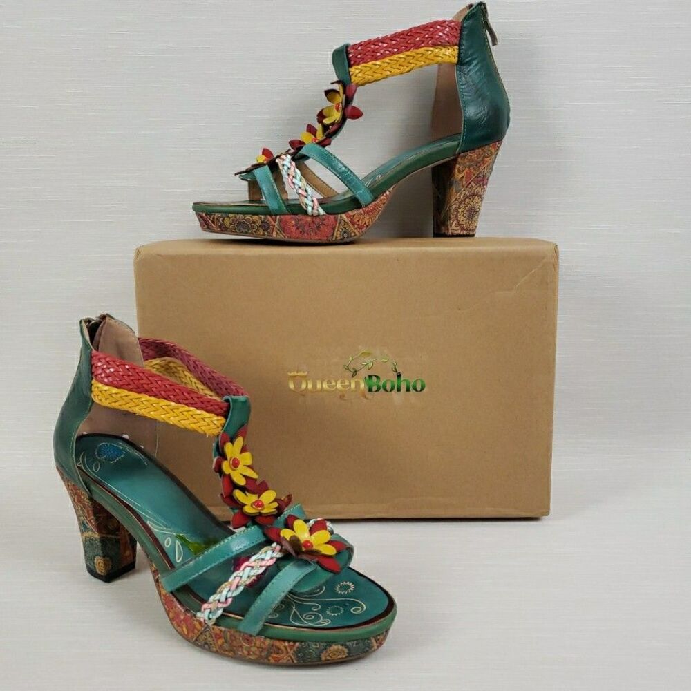 Leather Heel Sandal Flowers Multi Teal Zipper Closure Strappy Braid Boho Women 8